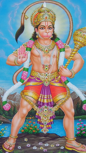 Hanuman Devotional Portrait Holding Mace and Garland in Traditional Indian Art Style, Hanuman, Jay Shree Ram, Ram Bhakt Hanuman HD phone wallpaper