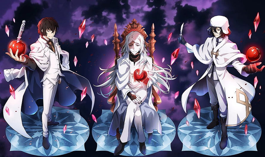 Bungou Stray Dogs anime trio in white coats with red orbs and floating crystals HD wallpaper