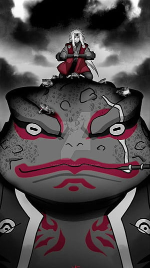 Jiraiya and Gamabunta from Naruto Shippuden in a dramatic monochrome scene with red accents HD phone wallpaper