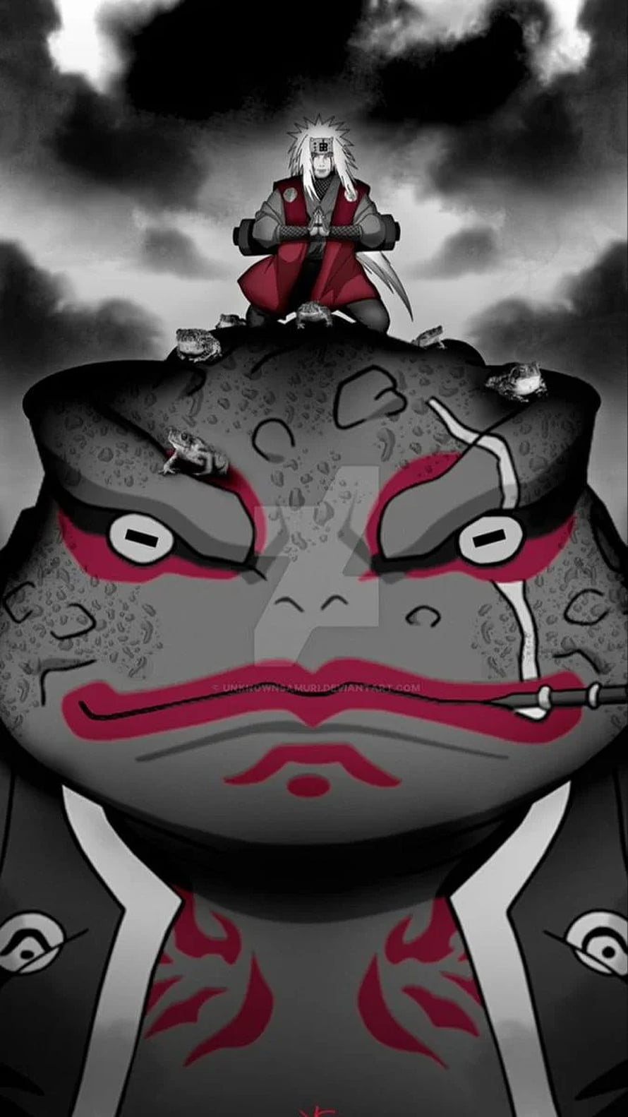 Jiraiya and Gamabunta from Naruto Shippuden in a dramatic monochrome scene with red accents HD phone wallpaper