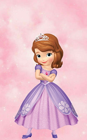 Sofia the First Princess in Purple Gown with Tiara on Pink Sparkling Background HD phone wallpaper