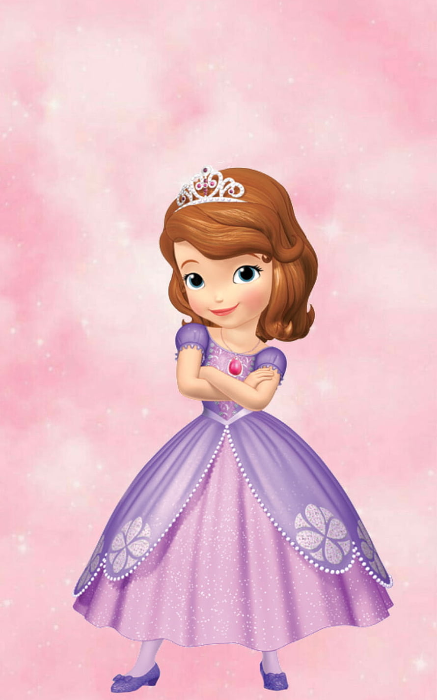 Sofia the First Princess in Purple Gown with Tiara on Pink Sparkling Background HD phone wallpaper