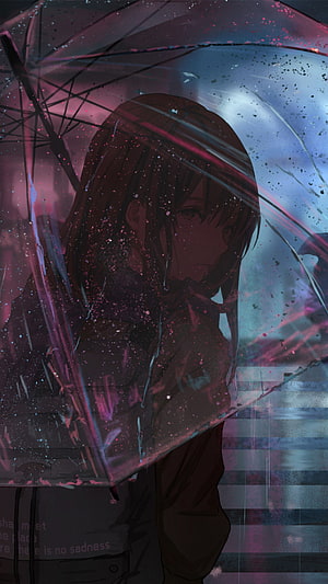 Melancholic Anime Girl Standing Under Transparent Umbrella in Rainy City Street HD phone wallpaper