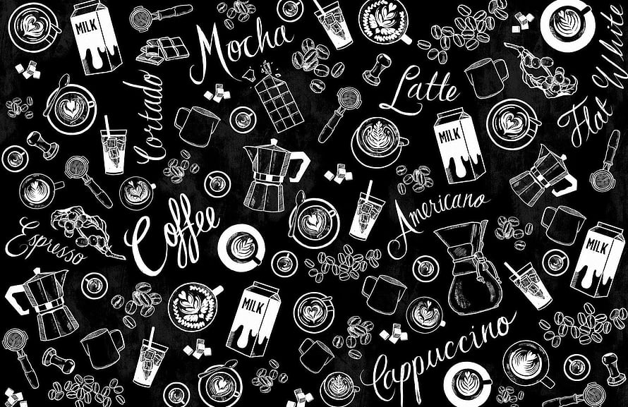 Hand-drawn coffee shop doodles on black chalkboard background with latte art and espresso cups HD wallpaper