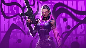Reyna Valorant Character Artwork with Rifle and Purple Energy Effects HD wallpaper