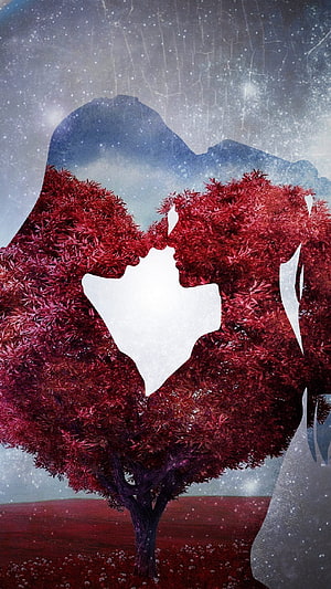 Romantic Couple Silhouette Formed by Red Autumn Tree Under Starry Night Sky HD phone wallpaper