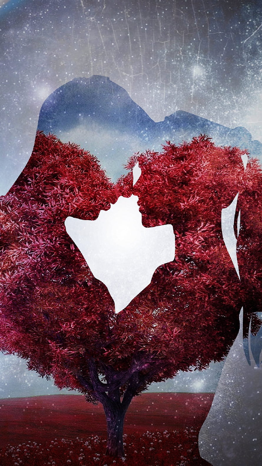Romantic Couple Silhouette Formed by Red Autumn Tree Under Starry Night Sky HD phone wallpaper