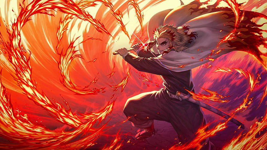 Kyojuro Rengoku unleashing fiery sword attack in Demon Slayer anime illustration HD wallpaper