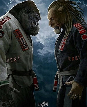 Anthropomorphic Gorilla and Lion in Martial Arts Gi Facing Off Under Stormy Sky HD phone wallpaper