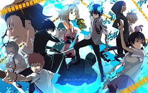 Blue Exorcist Anime Character Group Artwork With Blue Flame Effects HD wallpaper