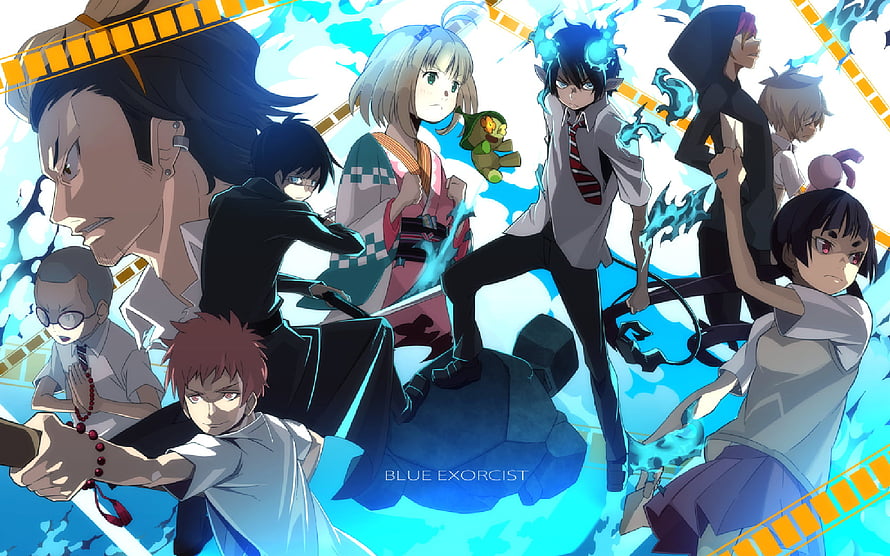 Blue Exorcist Anime Character Group Artwork With Blue Flame Effects HD wallpaper