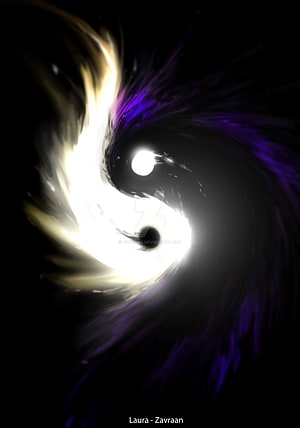 Glowing Yin Yang Symbol with Purple and White Energy Swirls on Black Background HD phone wallpaper