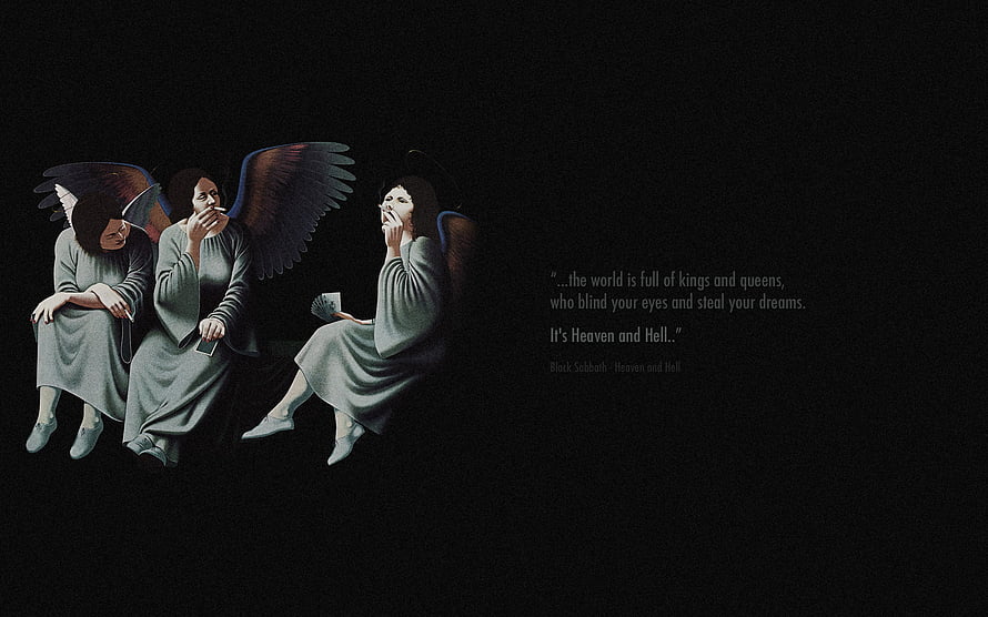 Black Sabbath Heaven and Hell Album Artwork with Winged Figures and Quote HD wallpaper