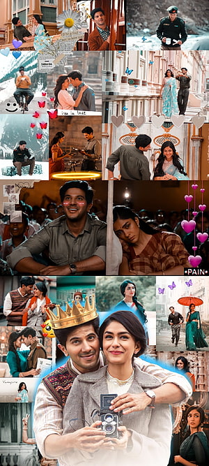Sita Ramam Movie Collage Featuring Dulquer Salmaan and Mrunal Thakur in Romantic Scenes HD phone wallpaper