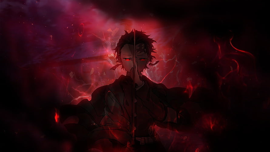 Tanjirou Kamado from Demon Slayer in a dark crimson battle stance with glowing red eyes and a katana HD wallpaper