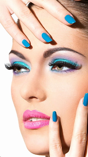 Vibrant Blue and Pink Makeup Look with Bold Eyeshadow and Glossy Lips HD phone wallpaper