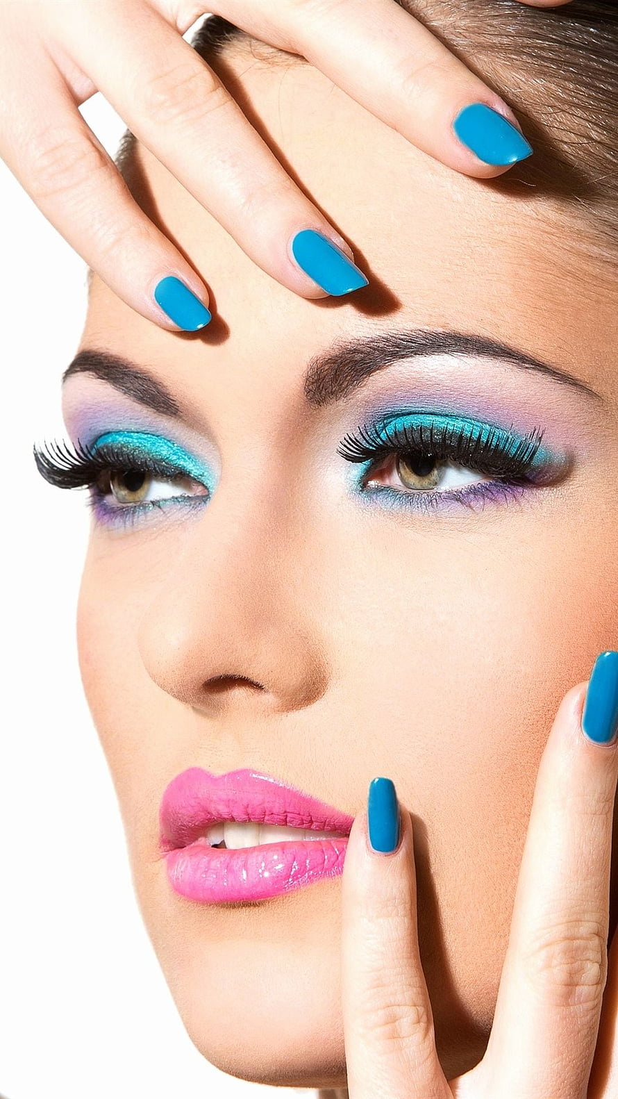 Vibrant Blue and Pink Makeup Look with Bold Eyeshadow and Glossy Lips HD phone wallpaper
