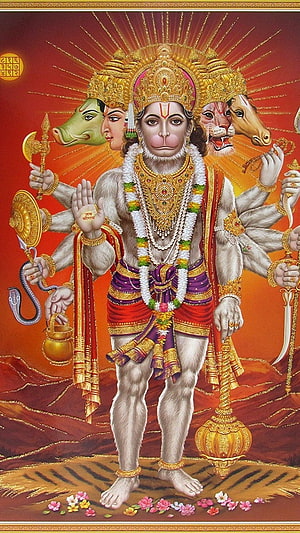 Panchmukhi Hanuman Divine Five-Faced Monkey God with Radiant Golden Aura and Sacred Symbols, Panchmukhi Hanuman, Panchmukhi Lord Hanuman HD phone wallpaper