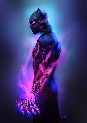 Black Panther digital art with glowing purple energy and neon suit details HD phone wallpaper