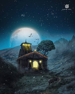 Kedarnath Temple Under a Glowing Full Moon with Snowfall and a Deer in a Misty Mountain Landscape HD phone wallpaper