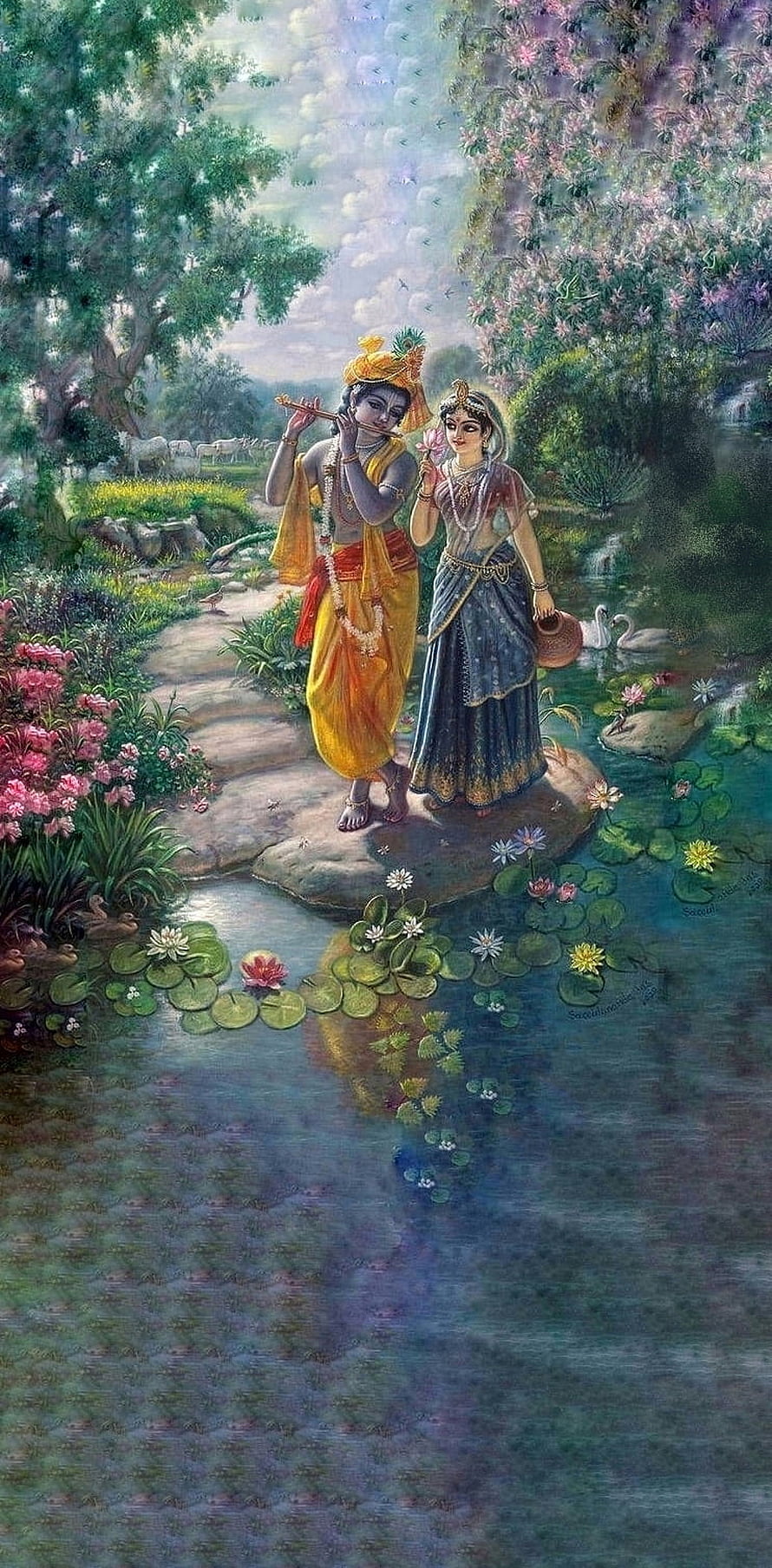 Radhe Krishna Playing Flute in a Lush Garden with Lotus Pond and Swans HD phone wallpaper