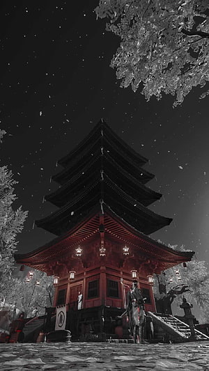 Ghost of Tsushima Pagoda at Night with Samurai and Snowfall HD phone wallpaper