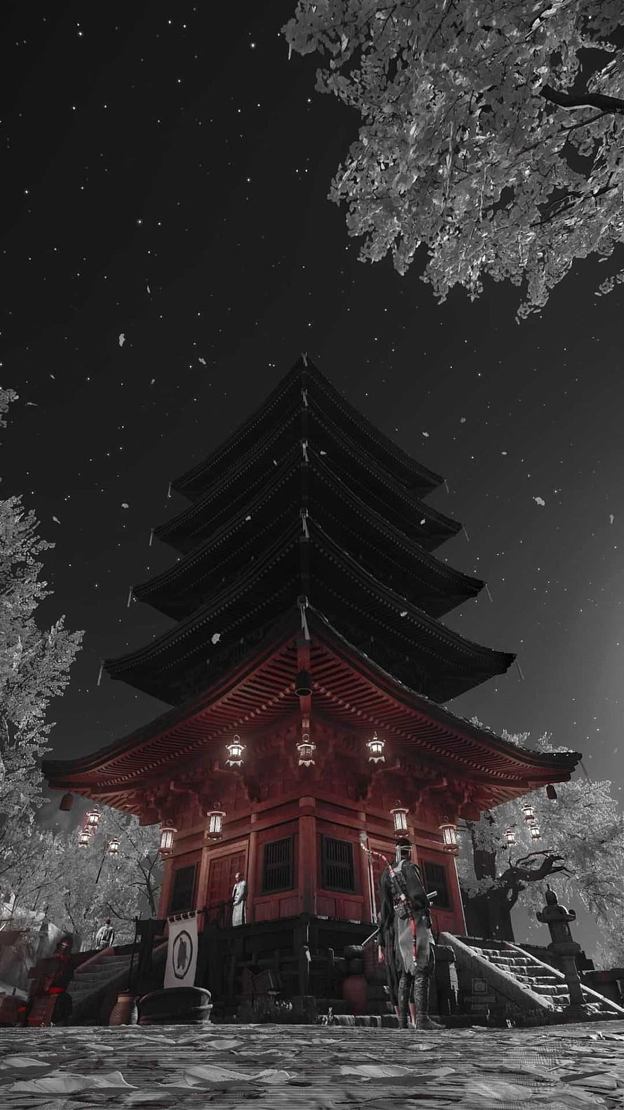 Ghost of Tsushima Pagoda at Night with Samurai and Snowfall HD phone wallpaper