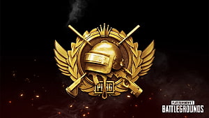 PUBG Gold Emblem with Helmet, Crown, and Crossed Weapons on Dark Background HD wallpaper