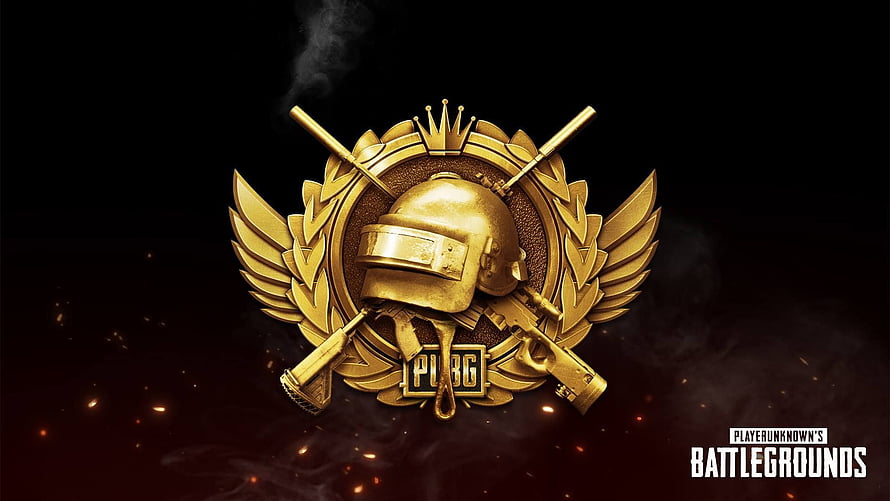 PUBG Gold Emblem with Helmet, Crown, and Crossed Weapons on Dark Background HD wallpaper