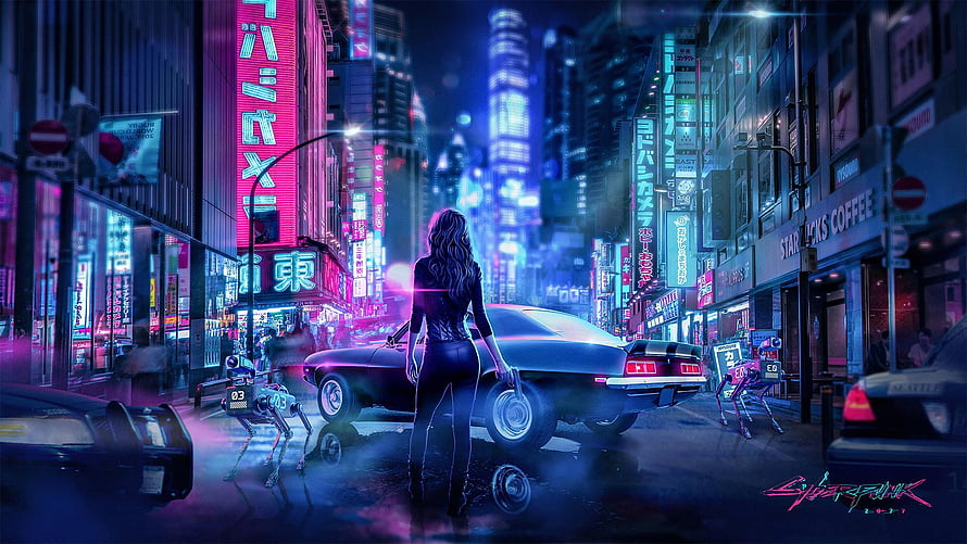 Cyberpunk 2077 Night City Street Scene with Woman and Classic Car HD wallpaper