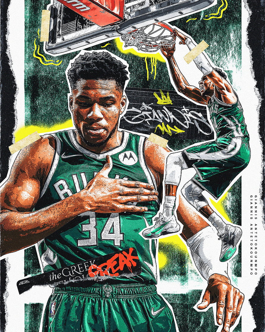 Giannis Antetokounmpo Milwaukee Bucks Illustration with Dunks and Green Jersey HD phone wallpaper