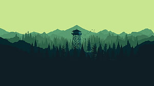 Firewatch Fire Tower Silhouette in Misty Pine Forest at Dawn HD wallpaper