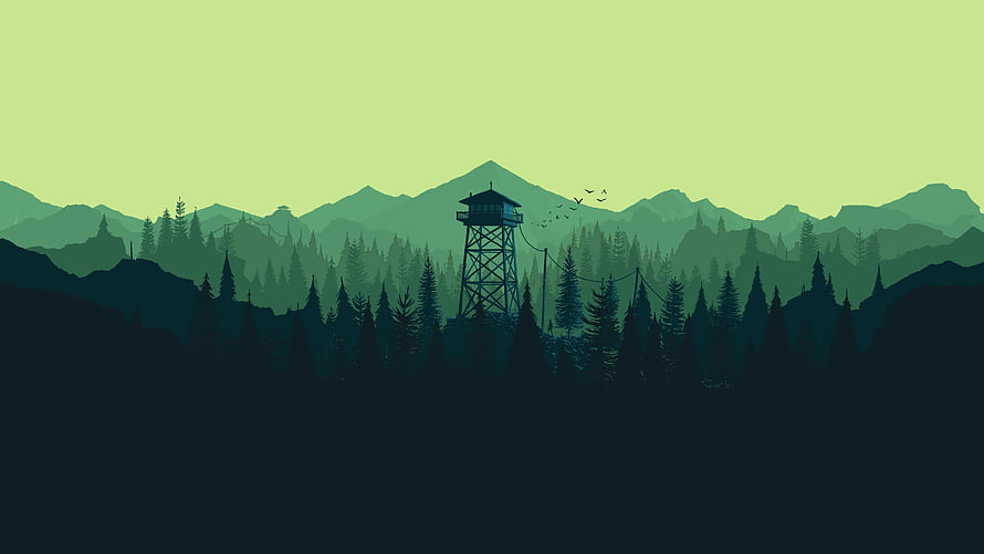 Firewatch Fire Tower Silhouette in Misty Pine Forest at Dawn HD wallpaper