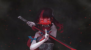 Anime girl with red oni mask and katana in dark smoky scene with glowing embers HD wallpaper