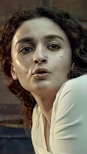 Alia Bhatt Close-Up Portrait in White Top with Nose Ring and Curly Hair HD phone wallpaper