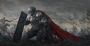 Armored Knight with Red Cape and Shield in Epic Fantasy Battle Scene HD wallpaper
