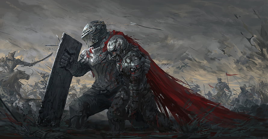 Armored Knight with Red Cape and Shield in Epic Fantasy Battle Scene HD wallpaper