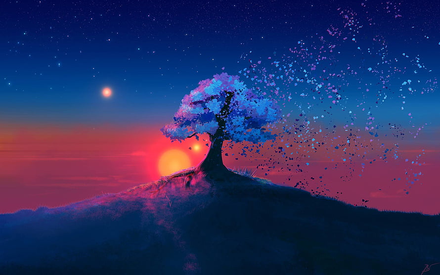 Lone Tree on Hilltop at Sunset with Scattered Petals and Starry Night Sky HD wallpaper