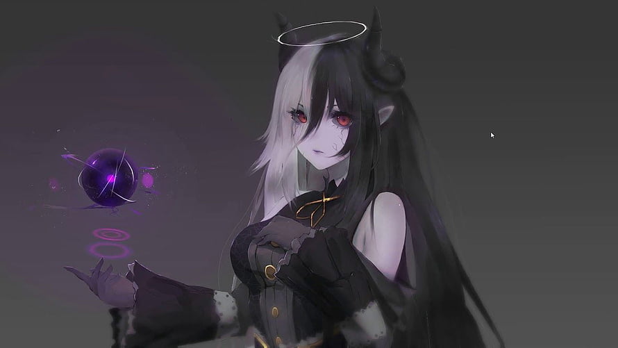 Anime Demon Girl with Horns and Halo Holding a Purple Orb HD wallpaper