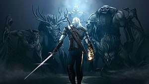 The Witcher 3: Wild Hunt Geralt of Rivia Confronting Monsters in Dark Fantasy Art HD wallpaper