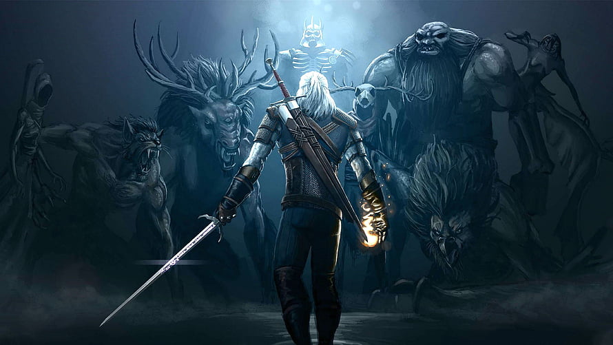 The Witcher 3: Wild Hunt Geralt of Rivia Confronting Monsters in Dark Fantasy Art HD wallpaper