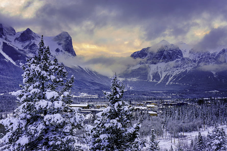 Snow-covered evergreens and a mountain town under a dramatic cloudy sky in Banff National Park HD wallpaper