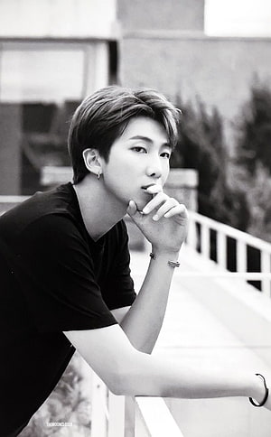 Kim Namjoon Black and White Portrait Leaning on Railing HD phone wallpaper