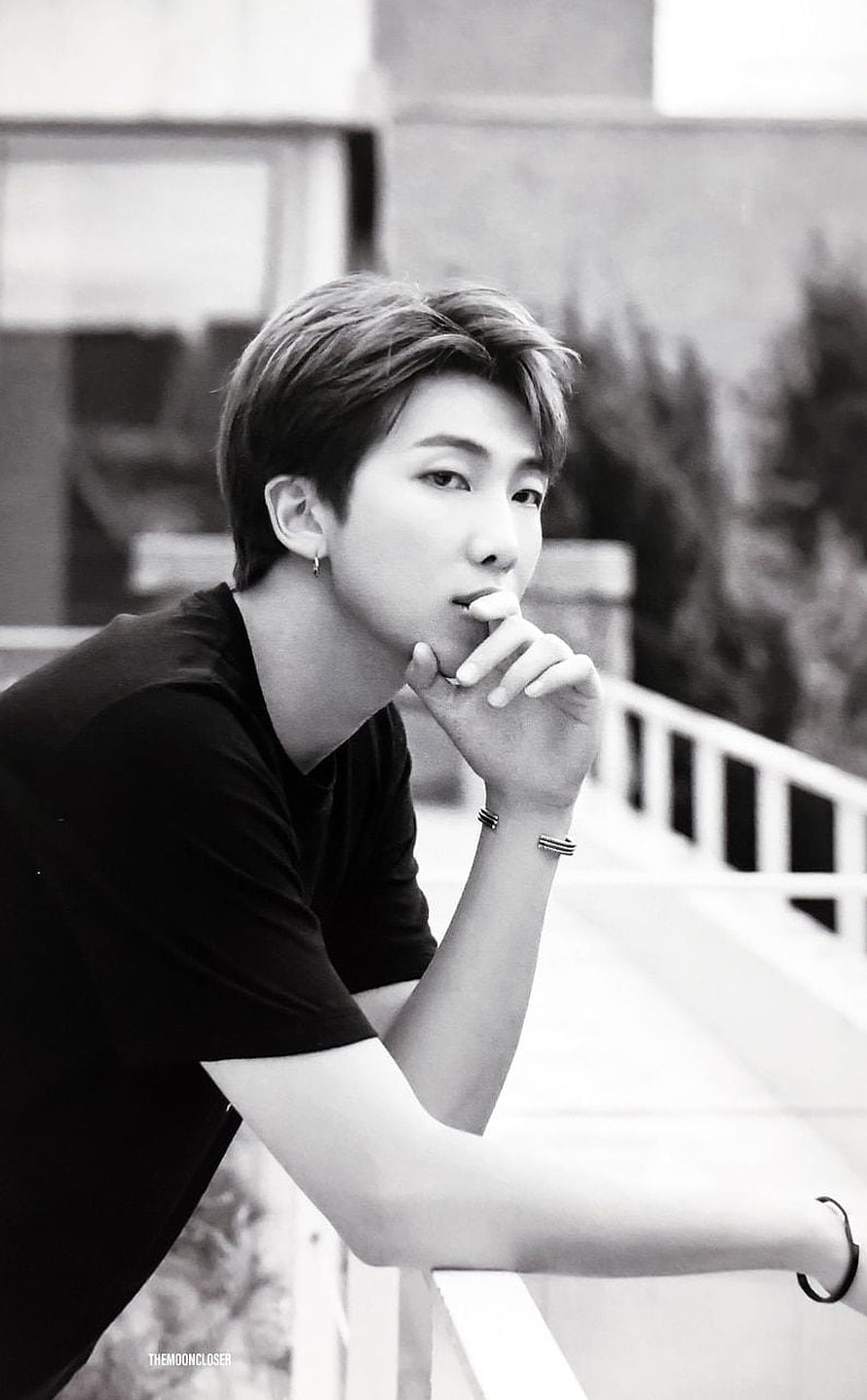 Kim Namjoon Black and White Portrait Leaning on Railing HD phone wallpaper
