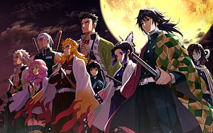 Demon Slayer Hashira Group Portrait Under a Full Moon HD wallpaper
