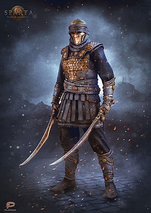 Persian Warrior in Ornate Armor Holding Twin Scimitars in a Dark Fantasy Setting HD phone wallpaper