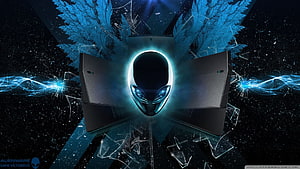 Alienware Gaming PC with Glowing Alien Head Logo and Blue Fractal Energy Burst HD wallpaper