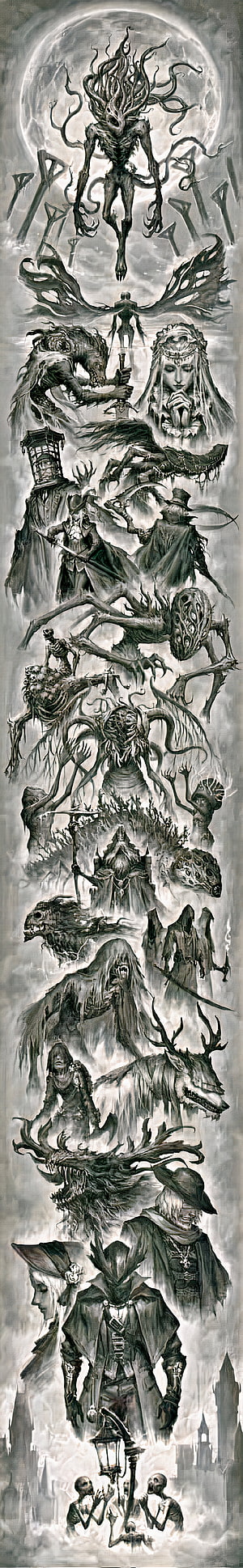 Bloodborne Concept Art Collage Featuring Gothic Monsters and Characters HD phone wallpaper