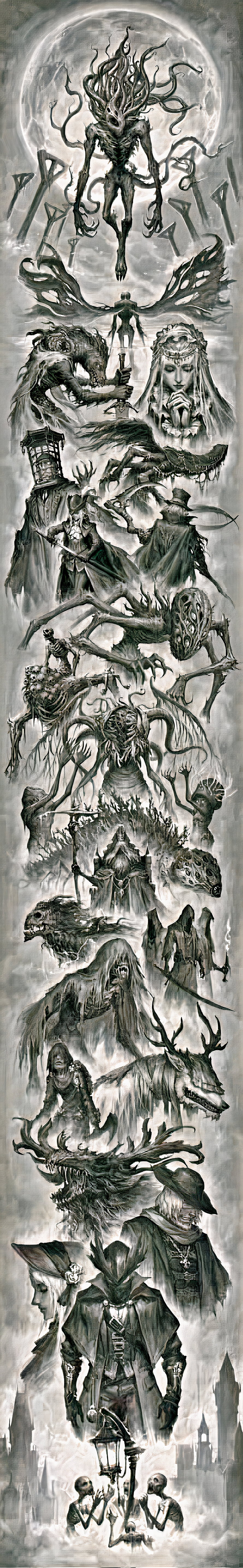 Bloodborne Concept Art Collage Featuring Gothic Monsters and Characters HD phone wallpaper
