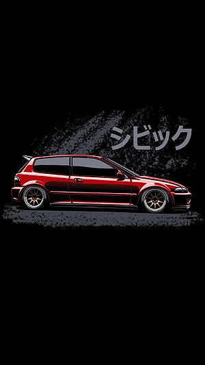 Red Honda Civic EG Hatchback Side Profile Digital Art on Black Background HD phone wallpaper